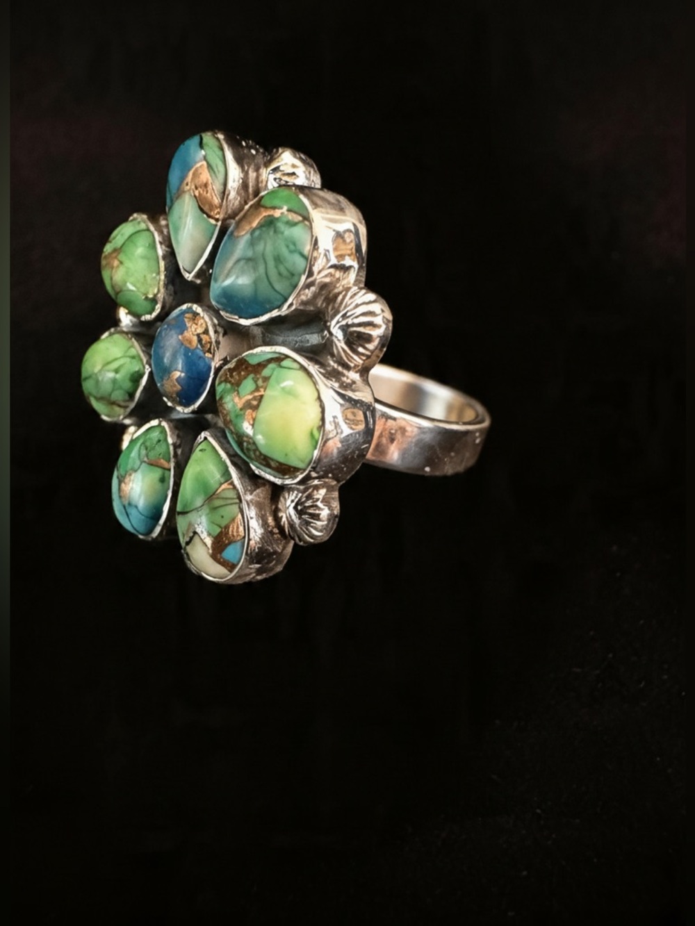 Sterling Silver Turquoise Cluster Statement Ring - Green Blue - Picture 3 of 6